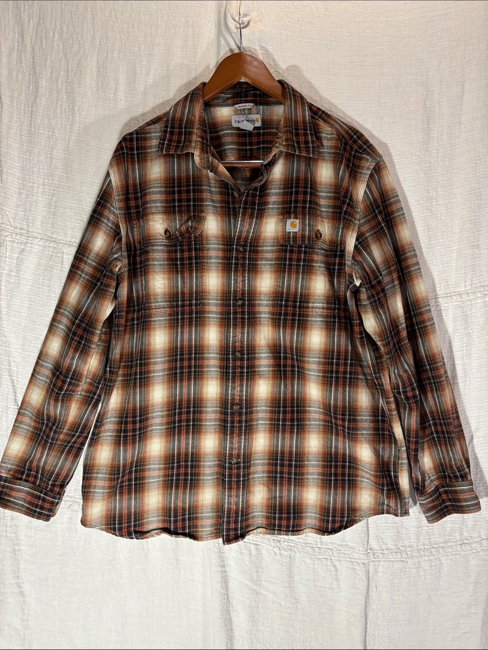 Carhartt Hubbard Plaid Flannel Shirt Mens L Brown Tan Original Fit EUC Cotton